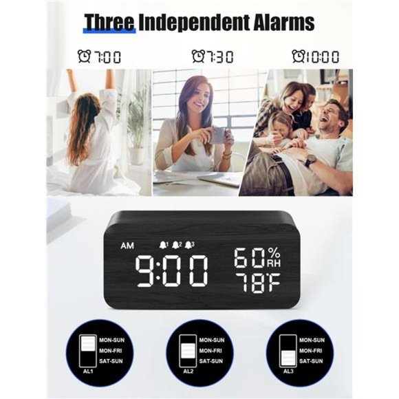 Wooden Digital Alarm Clock with Wireless Charging, Dimmable, Adjustable Volume - Picture 6 of 7